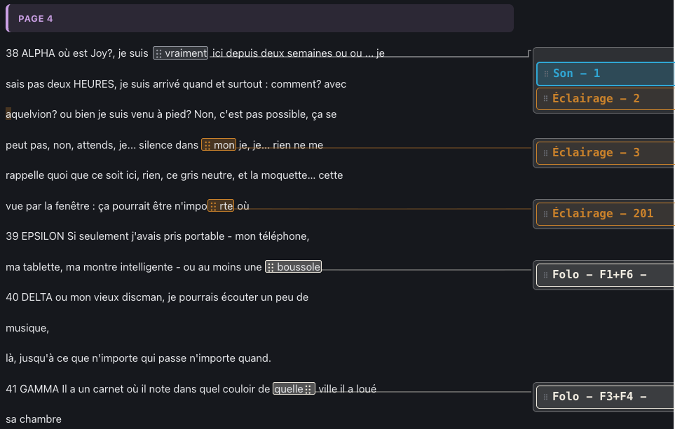 Interface LetsGO — cues intégrés dans le script
